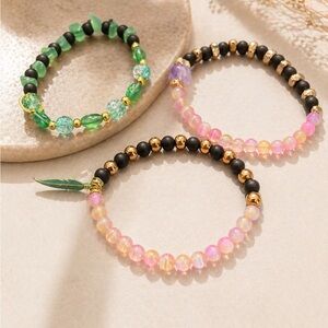 🛑 6/$25 Set of Three Beaded Stretch Bracelets - Pink, Green & Black